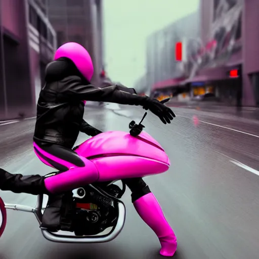 Image similar to hyper realistic, photo, humanoid pink female Squid girl, riding a motorcycle, popping wheelie fast in the rainy city traffic