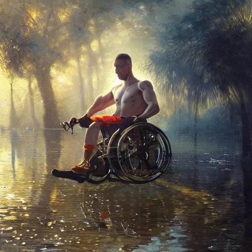 Image similar to handsome portrait of a wheelchair guy fitness posing, radiant light, caustics, war hero, smooth, one legged amputee, reflective water koi pond, sunbeams, by gaston bussiere, bayard wu, greg rutkowski, giger, maxim verehin