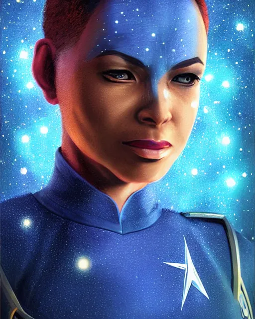 Prompt: Portrait of an Asari from Mass Effect, blue, as a Starfleet officer, Starfleet uniform, stars, nebula, sparkling, bokeh, 50mm, highly detailed by Paul Lehr