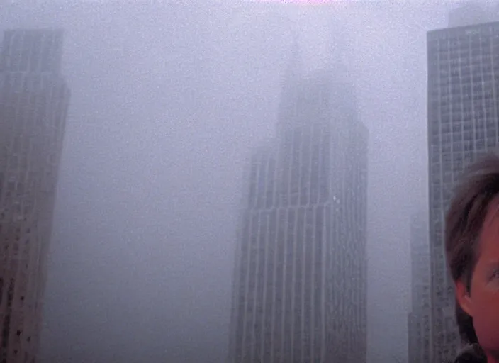 Prompt: film footage of giant michael j. fox in a foggy city, eerie, monster movie, 8 k, 8 5 mm