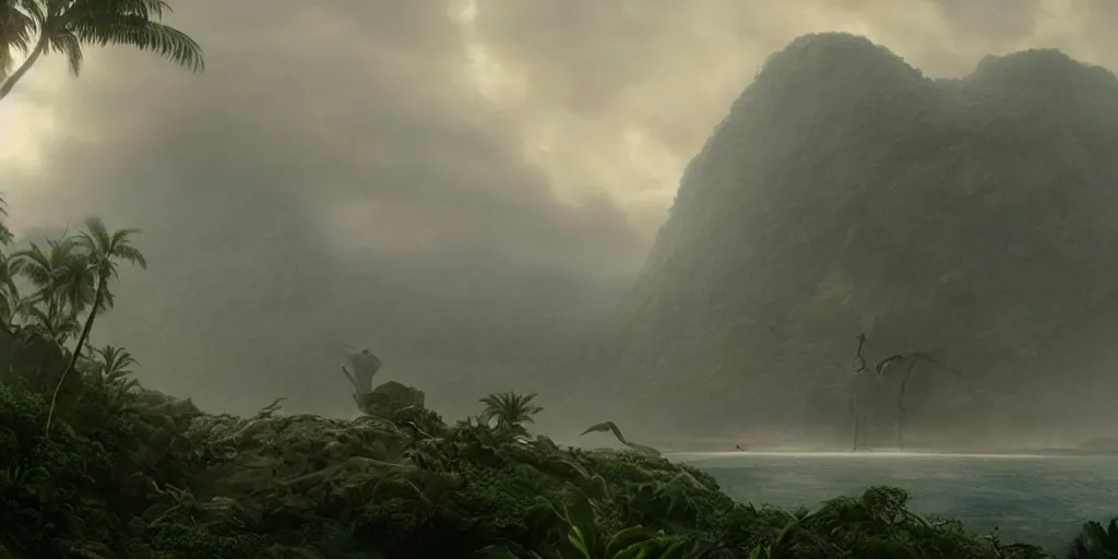 Image similar to screenshot from a movie, epic matte painting of a misty jungle island on choppy seas, fps, cinematic cinematography masterpiece, skull, greg rutkowski, and ivan aivazovski, roger deakins