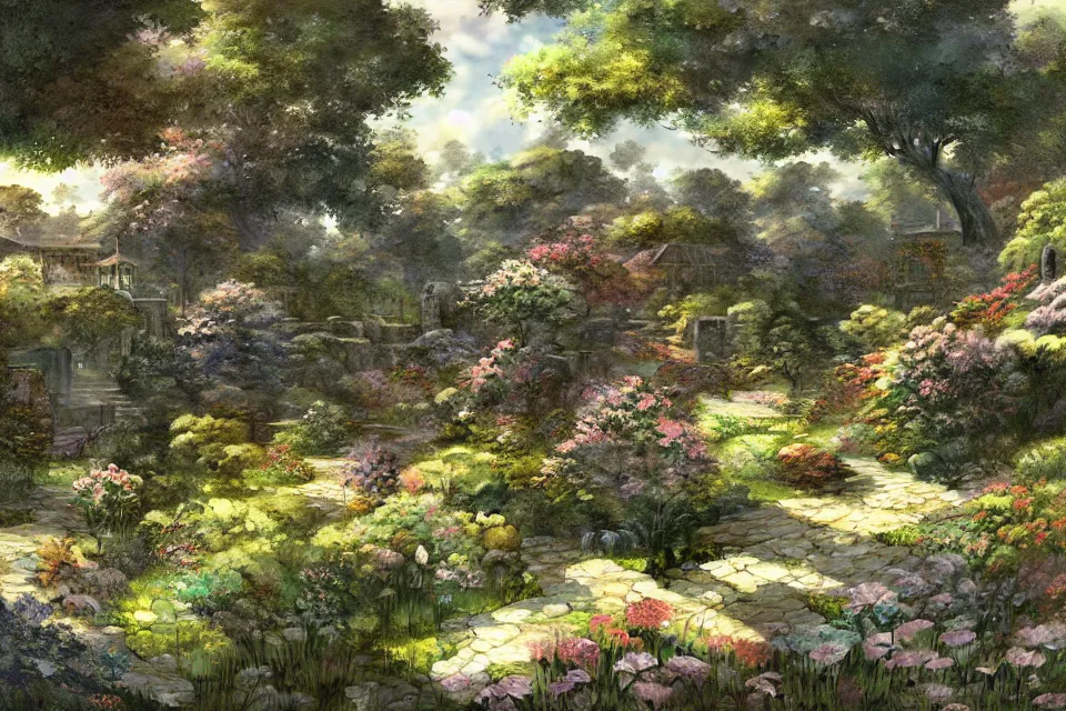 Prompt: A landscape of a garden, hidari, color page, tankoban, 4K, tone mapping, Akihiko Yoshida, tone mapping, highly detailed, super wide angle