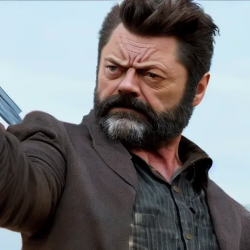 Image similar to logan pictured as nick offerman in wolverine x - men suit, marvel movie still, detailed 8 k, imdb poster style