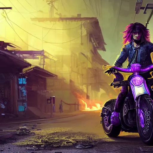 Image similar to portrait painting of a street samurai with long purple hair riding a motorcycle through a burning cyberpunk slum, glitchwave, ultra realistic, concept art, intricate details, eerie, highly detailed, photorealistic, octane render, 8 k, unreal engine. art by nivanh chanthara