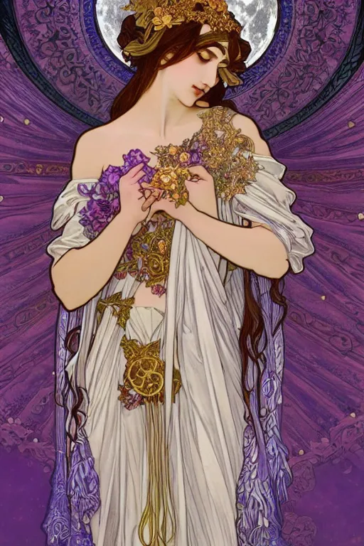 Image similar to thanatos, god of peaceful death, closed eyes, long hair, wearing ornate silk and lace clothes, gold jewelry, moon, purple feathers, by Alphonse Mucha, by artgerm, rule of thirds, super detailed, 8k