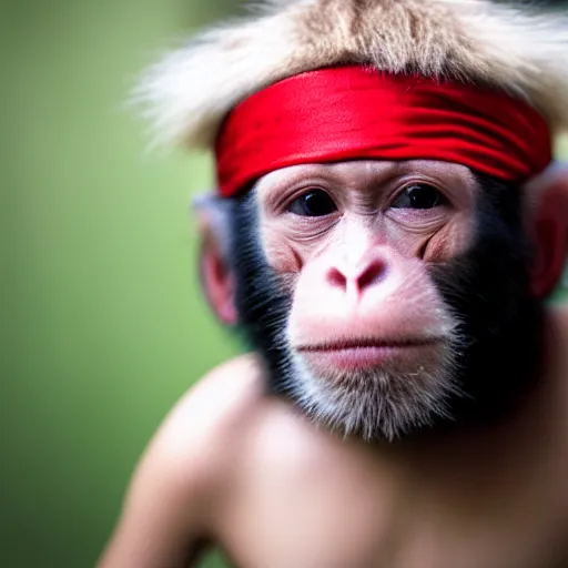 Prompt: portrait photo albino pirate with red headband and a monkey on his shoulder, 70mm sigma lens, cinematic lighting, movie still, HD, color graded