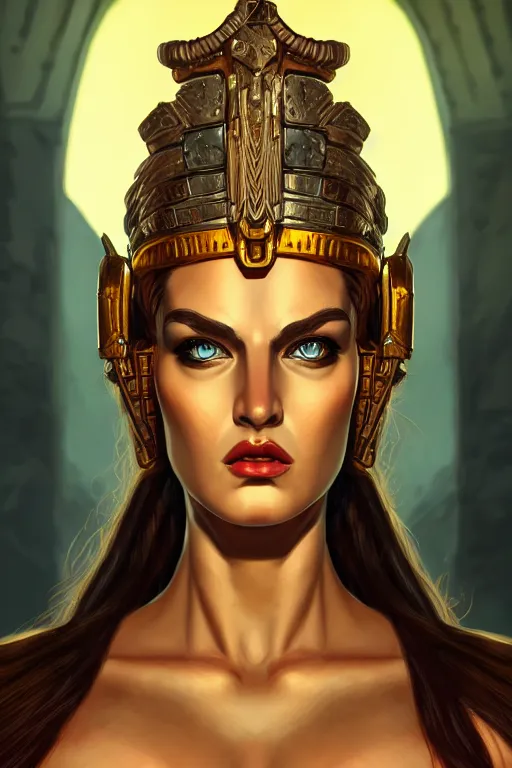 Prompt: The Godess Hera looking angry, detailed armor, portrait, highly detailed, digital painting, artstation, concept art, smooth, sharp focus, beautiful face, symmetric face, cinematic, videogame cover art, illustration, art by Hergé