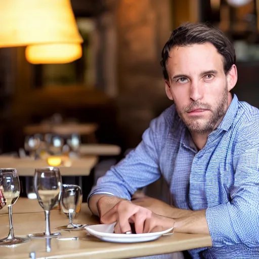 Prompt: photo in the year 2 0 2 0 of a frenchman from france seated in a restaurant. 5 0 mm, studio lighting