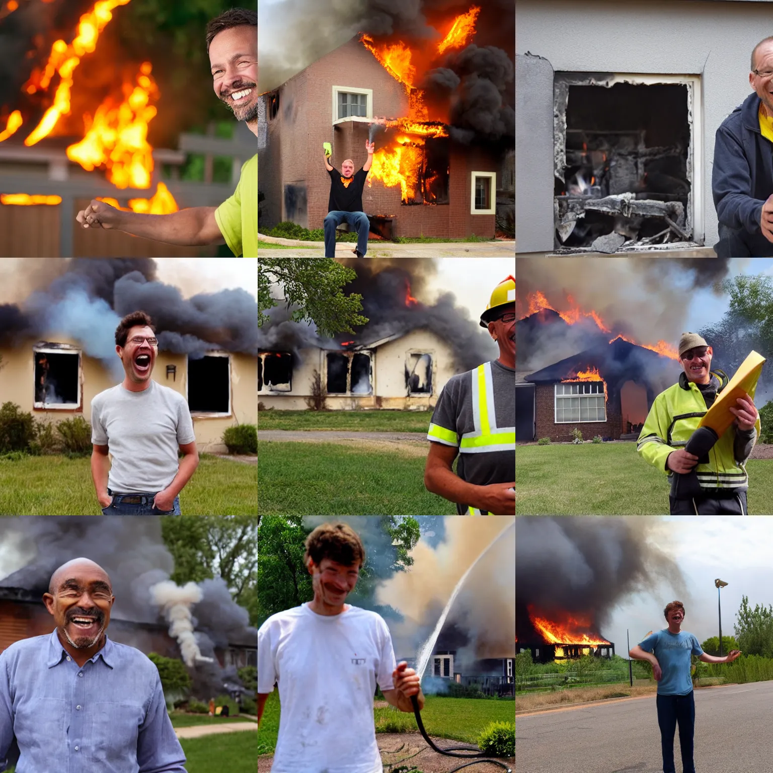 Prompt: a man very happy that his house is burning. - w 7 0 4