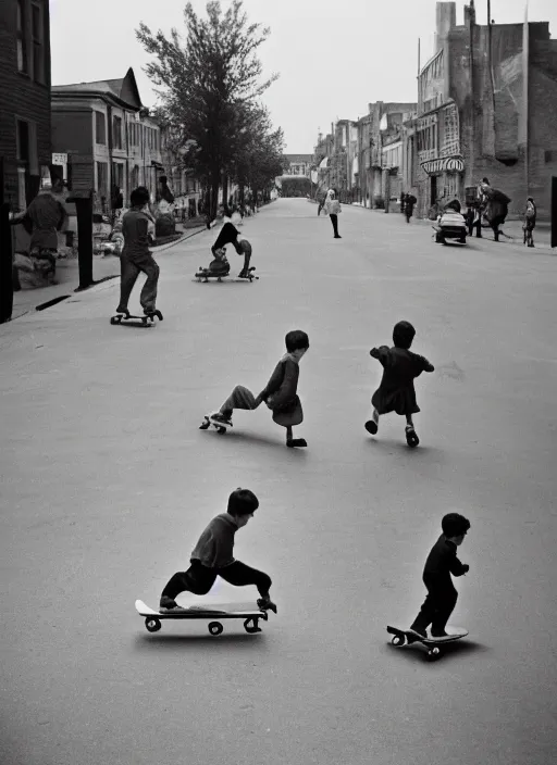 Prompt: 1 9 5 0 s kids skateboarding in the street by vivian maier. professional photography.