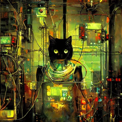 Image similar to robot cyborg cat, many wires and neon lights exposed, metal and glowing eyes, highly detailed painting by jeremy mann