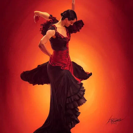 Image similar to fierce spanish female flamenco dancer, spotlight, highly detailed, digital painting, artstation, portrait, concept art, smooth, sharp focus, illustration, cinematic lighting, art by artgerm and greg rutkowski and alphonse mucha