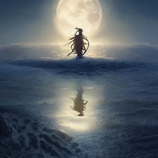 Prompt: Looking up from underneath moonlight on the sea, Reflections of the night sky beautiful symbolic and poetic digital masterpiece by James Gurney and Andrei Riabovitchev, fantasycore, Artstation, Hyperdetailed, stylized, soft lighting