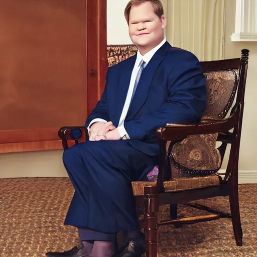 Image similar to Andy Richter wearing a blue dress shirt necktie navy dress pants sitting in a chair petting a calico cat