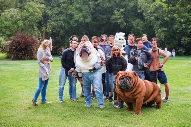 Image similar to a crowd of people surrounding a giant bulldog and the bulldog is five times larger then the people