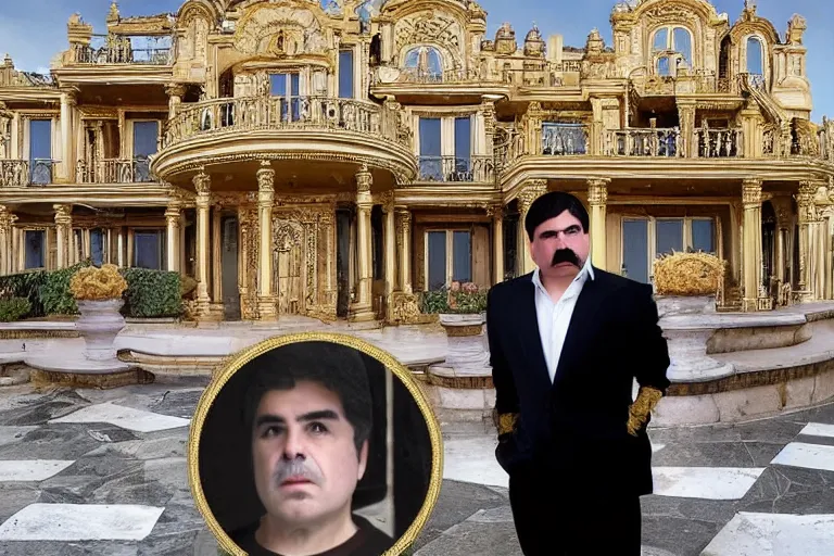 Prompt: el chapo standing in the middle of a grandiose mexican mansion. everything is made out of gold. el chapo is sipping on wine. the mansion is incredible and ornate. chapo has a clockwork chain. there are princesses and queens everywhere around him