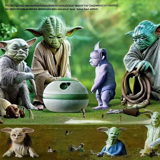 Prompt: a civilization of members of Yoda's species interacting with eachother on their home planet, award winning national geographic photo