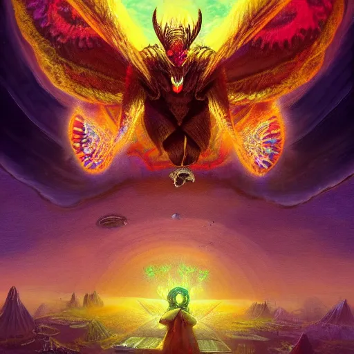 Image similar to 8K headshot Portrait of centered chest up of a psychedelic godlike mothman with giant mandala wings smoking heavily , magic mushroom village in background , post-processing , award winning. superb resolution. in the art style of Tony Takezaki and Greg Rutkowski . Detailed Mushroom city in background. Hyper realistic anime. Perfect art. Dalle2