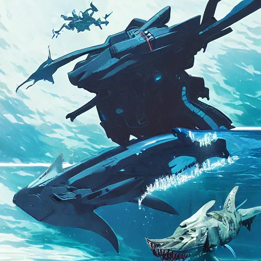 Image similar to aquatic gundam with a shark face, amphibious combat mecha mobile suit holding a scifi weapon, over under shot, cinematic by wayne barlowe, pascal blanche, victo ngai