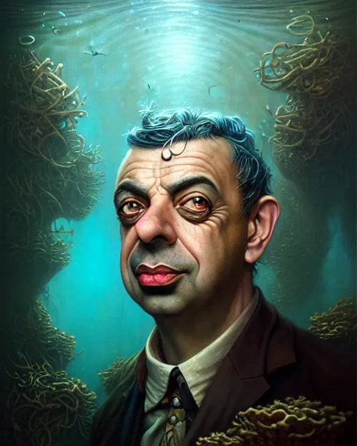 Image similar to underwater steampunk portrait of rowan sebastian atkinson, by tomasz alen kopera and peter mohrbacher