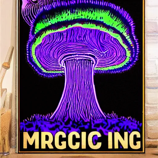 Prompt: Terence McKenna growing is a magic mushroom, blacklight poster