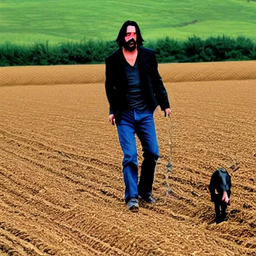 Prompt: keanu reeves tilling a field