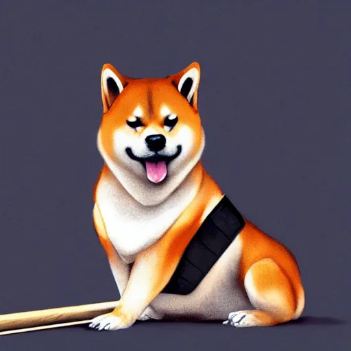 Image similar to hyper realistic shiba inu, sitting, with a baseball bat, concept art, trending on art station