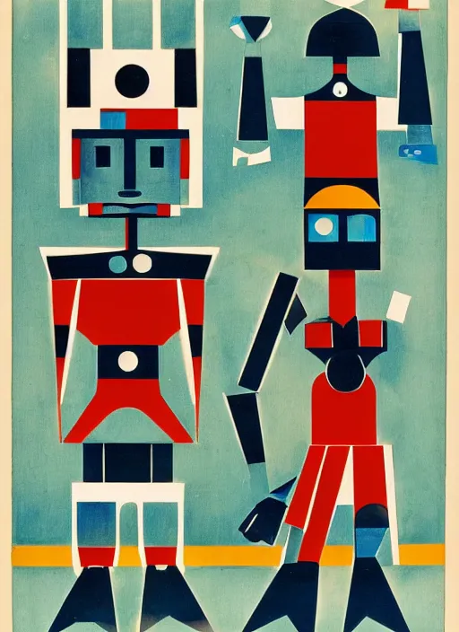 Prompt: warrior robots by Jan Tschichold, De Stijl, Constructivist