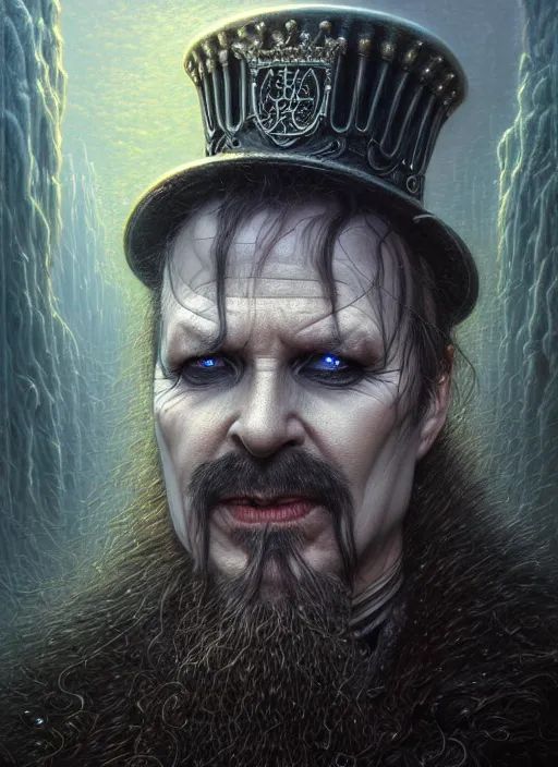 Image similar to closeup portrait shot of king diamond in a scenic dystopian environment, intricate, elegant, highly detailed, centered, digital painting, artstation, concept art, smooth, sharp focus, illustration, artgerm, tomasz alen kopera, peter mohrbacher, donato giancola, joseph christian leyendecker, wlop, boris vallejo