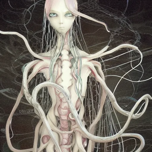 Prompt: an anime by yuji ikehata, of an ethereal ghostly wraith like figure with a squid like parasite latched onto its head and long tentacle arms that flow lazily but gracefully at its sides like a cloak, anime, vhs, grainy