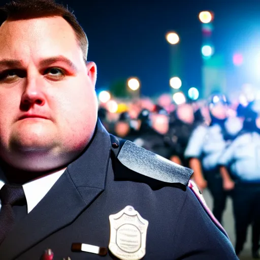 Image similar to chubby cop takes a selfie in front of a riot, highly detailed, sharp focus, dramatic lighting, 8 k