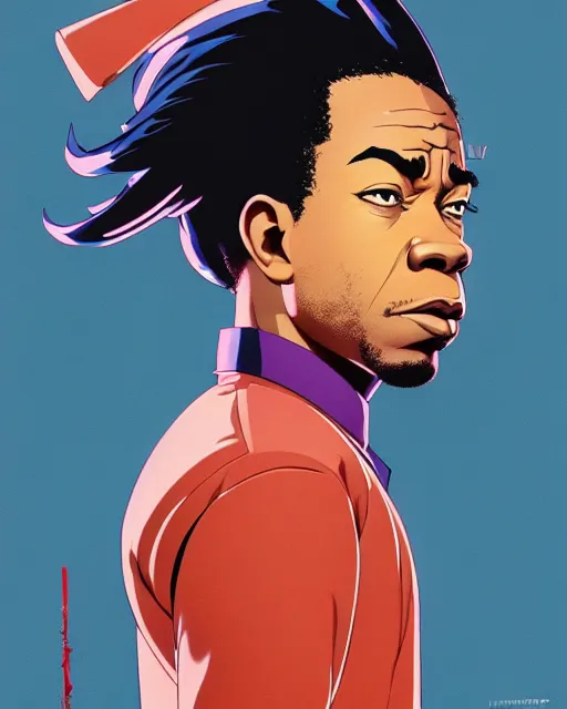 Prompt: young busta rhymes!! wearing uniform, holding pistol at side, side view, looking down | | audrey plaza, fine detail!! anime!! realistic shaded lighting!! poster by ilya kuvshinov katsuhiro otomo ghost - in - the - shell, magali villeneuve, artgerm, jeremy lipkin and michael garmash and rob rey