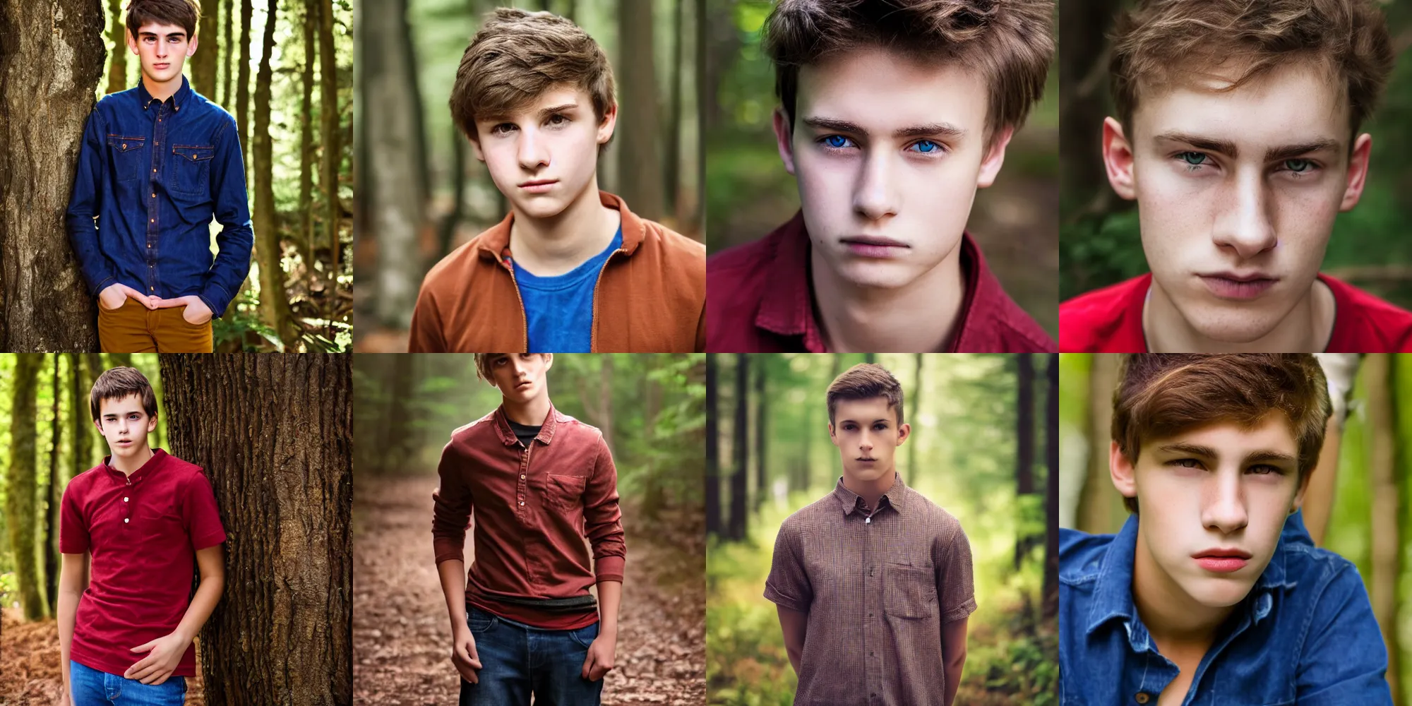 Prompt: portrait, male teenager, brown hair, red shirt, blue jeans, dark shaped eyes, detailed face, walking in forest, realistic photo.