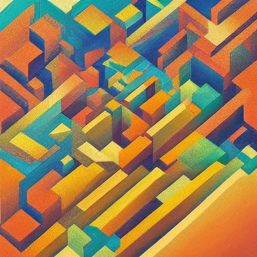 Prompt: masterpiece abstract intricate painting of layers of rocky material. highly geometric slanting down. isometric view. beautiful use of light and shadow to create a sense of depth and movement. using energetic brushwork and a limited color palette, providing a distinctive look and expressive quality in a mathematical composition