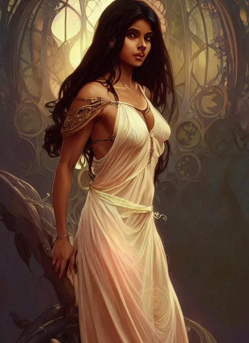 Image similar to cute brown woman wearing a transparent night gown, fantasy, intricate, highly detailed, digital painting, artstation, concept art, wallpaper, smooth, sharp focus, illustration, art by artgerm and greg rutkowski and alphonse mucha