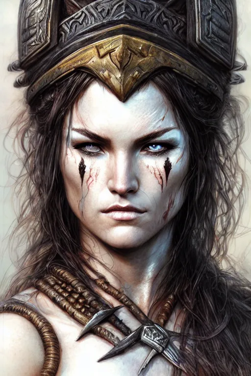 Prompt: head and shoulders portrait of a barbarian, female, high fantasy, dnd, face details, extremely detailed, smooth, sharp focus, digital illustration, by luis royo, magali villeneuve, donato giancola, wlop, krenz cushart, artgerm