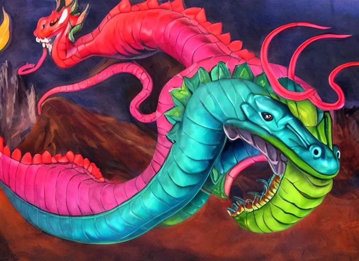 Prompt: The majestic rubber dragon has been punctured, and is now slowly deflating! Fantasy painting, colorful, somber, sorrowful