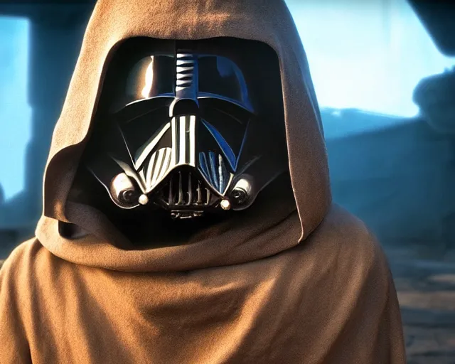 Prompt: star wars film still, closeup portrait of a dirty sand trooper bounty hunter wearing a hooded cloak, standing in a cantina, dust, scum and villainy, rim light, embers, hyper detailed, smooth, high contrast, concept art, gta v, volumetric lighting, ralph mcquarrie, doug chiang, ryan church