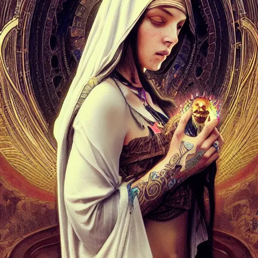 Image similar to Virgin Mary, facial tattoos, artists portrait, biomechanical, heaven, fantasy, highly detailed, digital painting, concept art, sharp focus, depth of field blur, illustration, art by artgerm and greg rutkowski and alphonse mucha