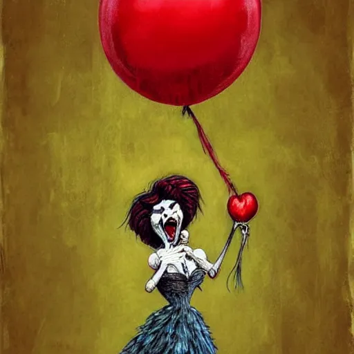 Prompt: grunge painting of big bird with a wide smile and a red balloon by chris leib, loony toons style, pennywise style, corpse bride style, horror theme, detailed, elegant, intricate
