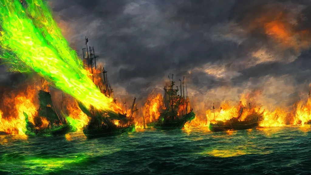 Prompt: bright green flames covering medieval harbor burning ships, Game of Thrones, volumetric lighting, fantasy artwork, very beautiful scenery, very realistic painting effect, hd, hdr, cinematic 4k wallpaper, 8k, ultra detailed, high resolution, artstation