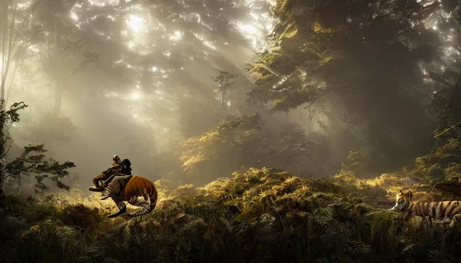 Prompt: american astronaut in the forest riding a bengal tiger, plants environment, wide angle, cinematic lighting, atmospheric, ultrarealistic, trending on artstation, cgsociety, highly detailed, color graded, in the style of craig mullins, rendered in Unreal Engine 4k HQ, shadow of the tomb rider