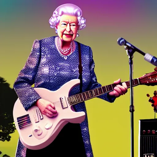 Image similar to Queen Elizabeth II rocking out on guitar, on stage at Coachella, performing a solo for the adoring crowd, photorealism