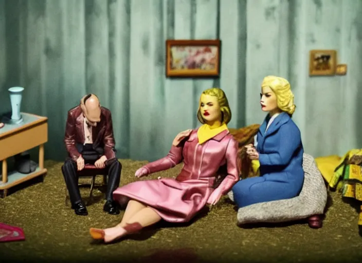 Prompt: Still frame from scene from the retro Twin Peaks made by doll miniatures diorama, directed by Nobuhiko Obayashi