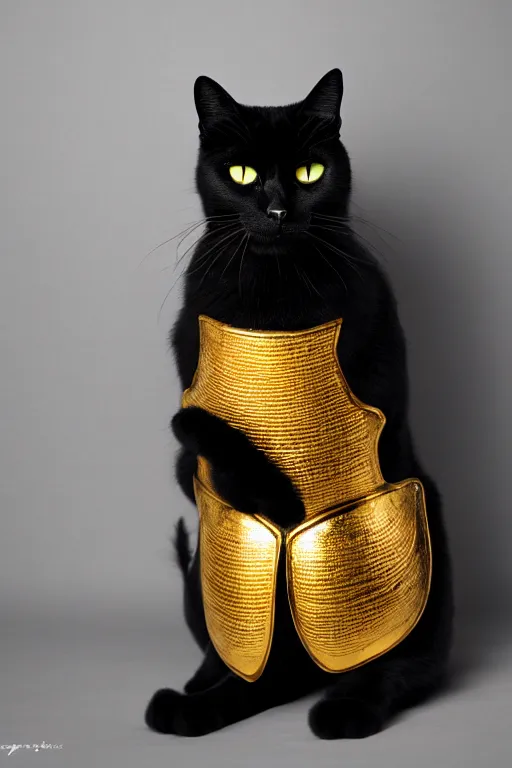 Image similar to a black cat wearing gold plated armor, studio lighting