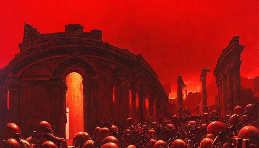 Image similar to only with red, a lightly armored gladiator in a crowded roman amphitheatre, crowd cheering, in the style of beksinski and edward hopper and rodcenko and yue minjun and cory loftis, intricate and epic composition, red by caravaggio, highly detailed, masterpiece, red light, artstation, art nouveau