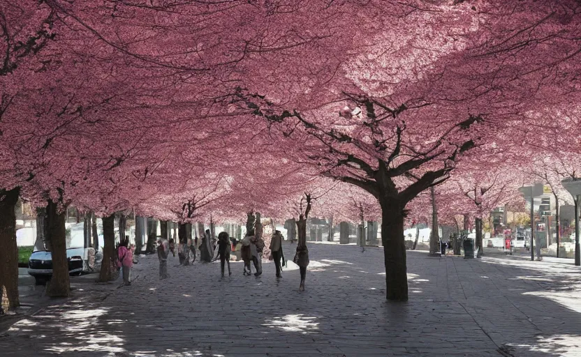 Prompt: blossoming cherry trees on the sidewalk, digital art, highly detailed, trending on artstation, beautiful lighting
