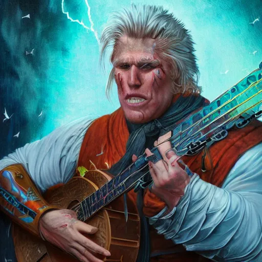 Image similar to detailed photo of a Half-orc bard portrayed by Gary Busey playing a lute, 8k,by Tristan Eaton, Stanley Artgermm, Tom Bagshaw, Greg Rutkowski, Carne Griffiths, trending on DeviantArt, face enhance, hyper detailed ,full of color, dramatic lightning, epic stance