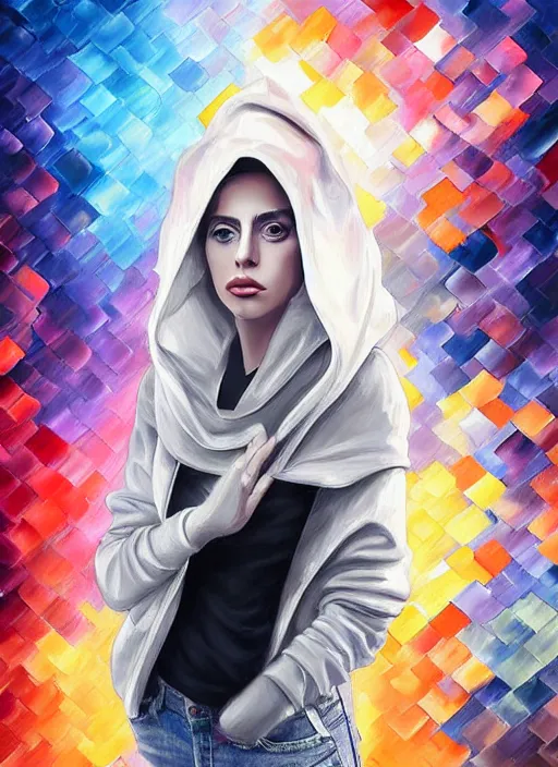 Image similar to lady gaga,, gray hoodie, jeans, tiara, half body shot, path traced, highly detailed, high quality, digital painting, alena aenami, leonid afremov, lilia alvarado, shinji aramaki, karol bak, alphonse mucha, tom bagshaw