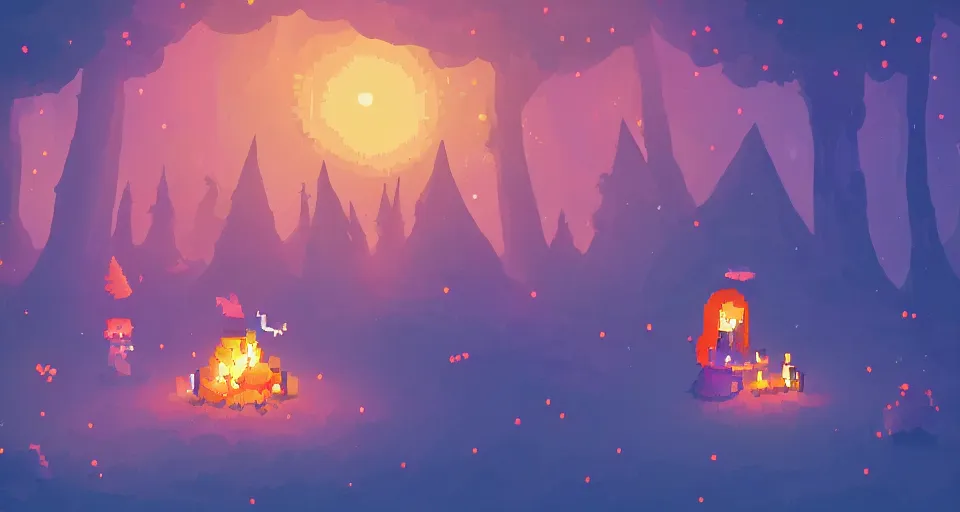 Image similar to Pixelart of a small cute witch sitting at a cozy bonfire in the forest meadow under starry sky, volumetric lighting, glowing lights, 4k, octane, digital pixel art, pixiv, by Aenami